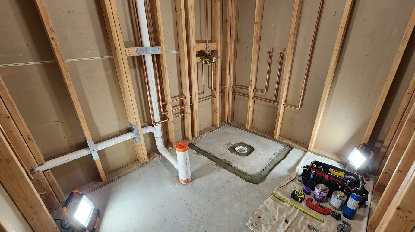Bathroom rough-in plumbing during remodel by Johns Plumbing LLC in Ozone Park
