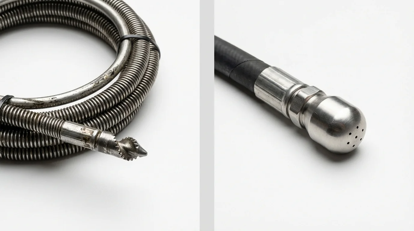 Drain snake cable and hydro jetting nozzle used for drain cleaning in Ozone Park, NY