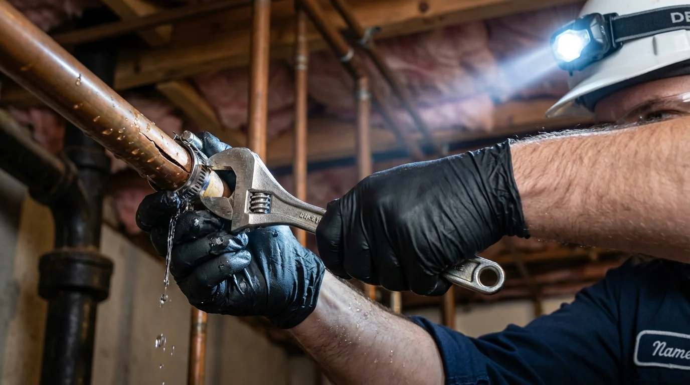Emergency pipe clamp repair being performed by a Johns Plumbing LLC plumber in Ozone Park