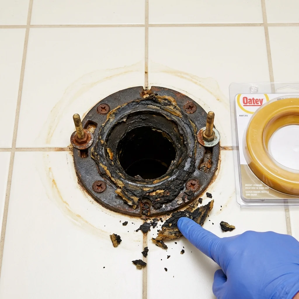 Failed wax ring showing water seepage at the base of a toilet in a Ozone Park, NY home
