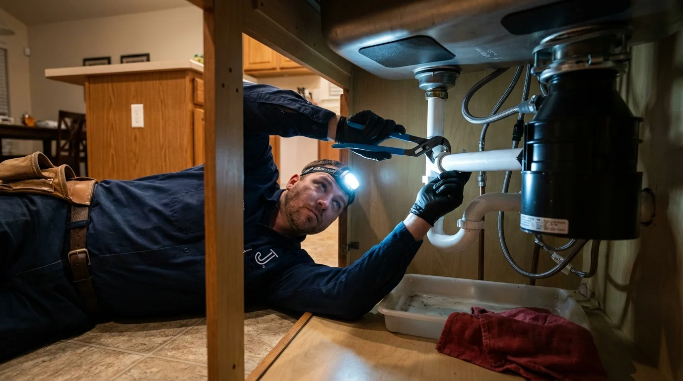 P-trap and supply line connections under a kitchen sink showing a common leak point in Ozone Park, NY